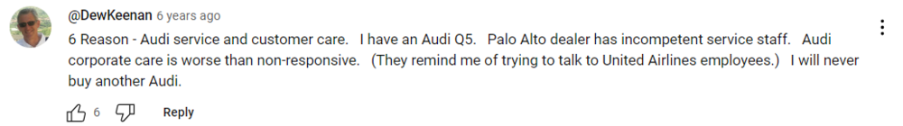 Comentario negativo en YouTube sobre Audi