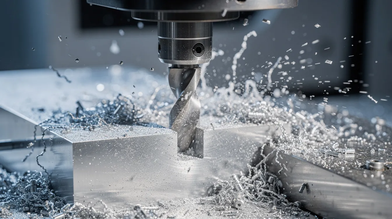 The image shows a close-up of a CNC milling machine in action, precisely cutting an aerospace-grade aluminum block, with a visible spray of coolant to maintain optimal temperature during the manufacturing process. This scene highlights the importance of precision CNC machining in the aerospace and defense industries, ensuring compliance with rigorous quality management standards.