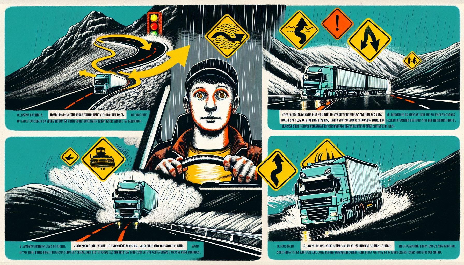Illustration of safety tips for truckers on dangerous routes