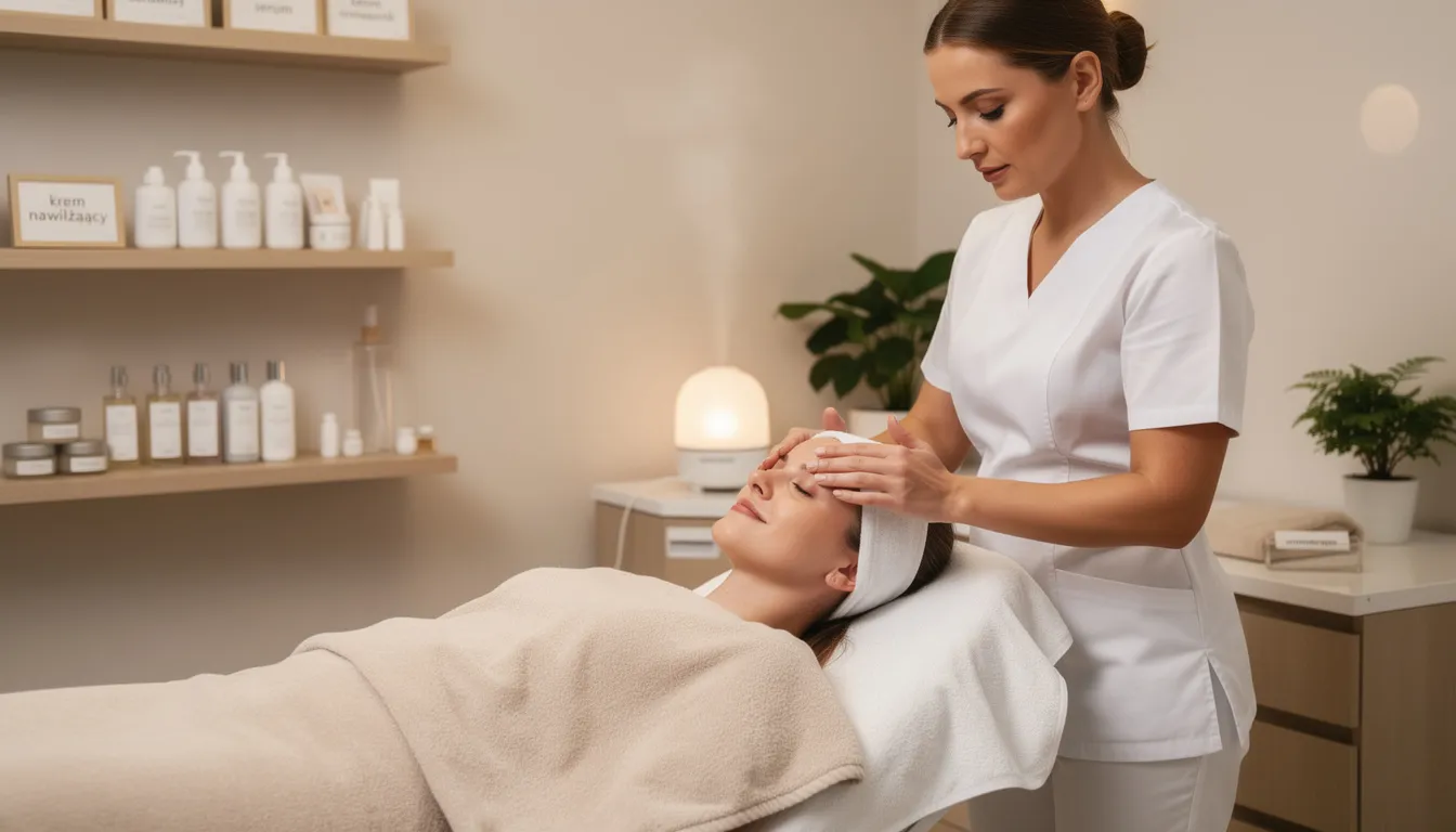 W gabinecie kosmetycznym panuje relaksująca atmosfera, a na twarzy pacjenta wykonywany jest delikatny zabieg, który ma na celu wygładzenie skóry oraz dogłębne nawilżenie. W tle słychać przyjemną muzykę, a kosmetyczka starannie pracuje nad poprawą kondycji skóry, koncentrując się na okolicach oczu.