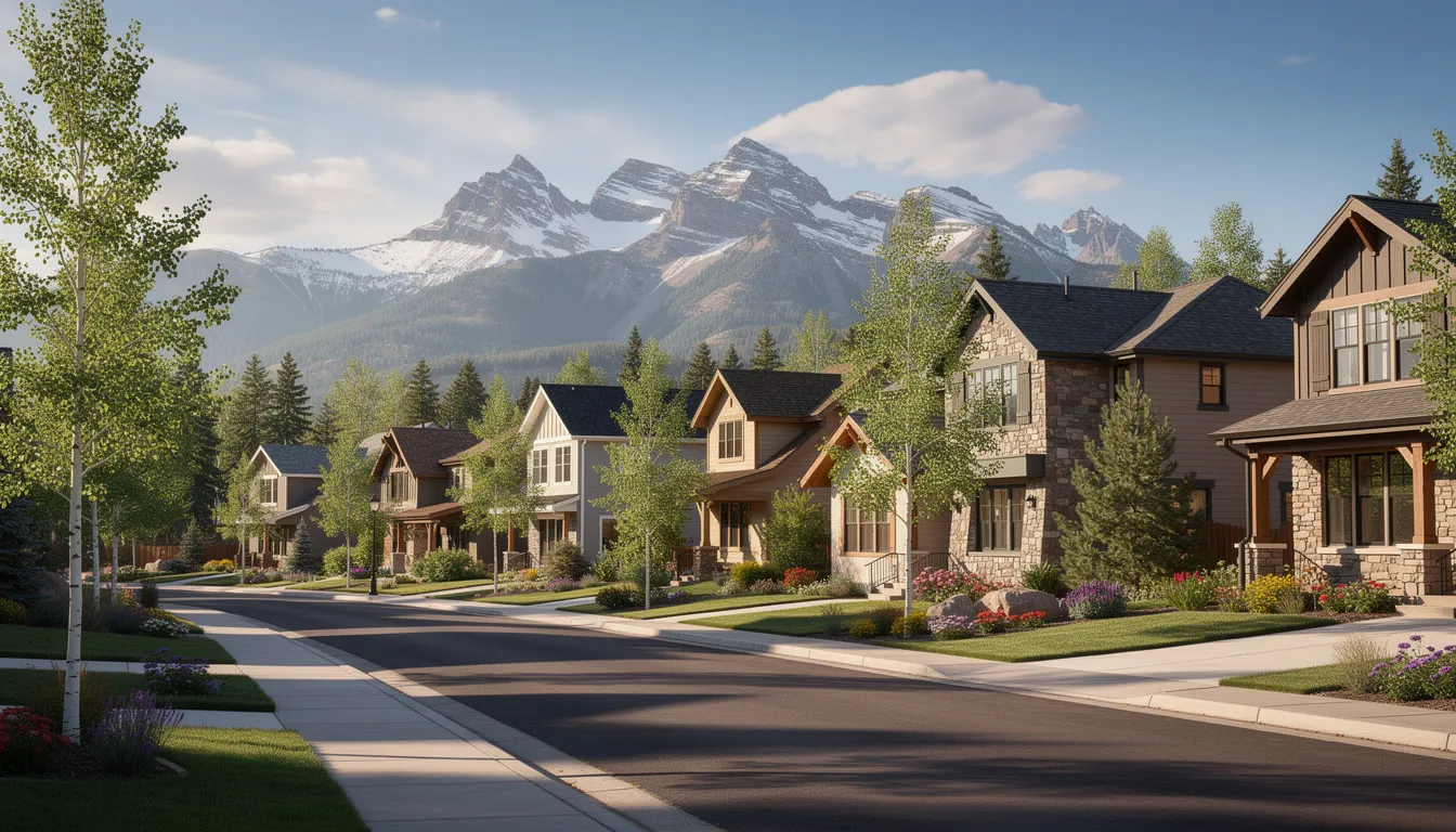 The image depicts a picturesque residential neighborhood in Colorado, showcasing well-maintained homes with beautiful mountain views in the background. This serene setting highlights the importance of gutter services, such as efficient gutter installation and regular maintenance, to protect homes from water damage and ensure a well-functioning gutter system.