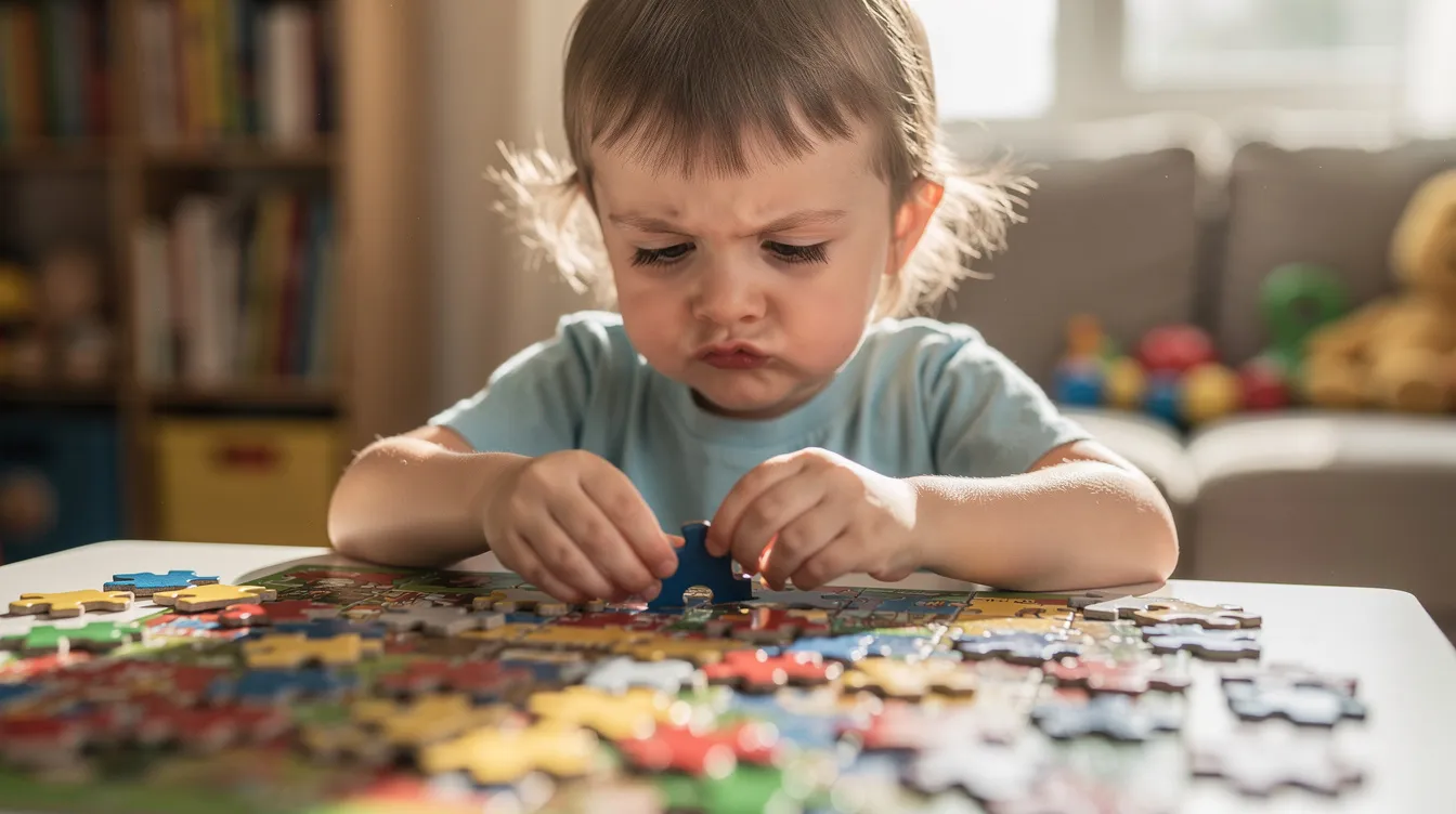 A focused child is engaged in assembling a colorful puzzle, demonstrating essential cognitive skills that contribute to their academic success. This positive learning environment encourages critical thinking and problem-solving abilities, vital for their cognitive development.