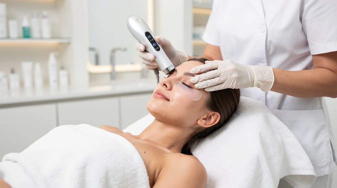 The image depicts a patient comfortably relaxing during a modern aesthetic skin treatment aimed at achieving a youthful appearance. This non-invasive procedure focuses on skin tightening and rejuvenation, targeting issues like sagging skin and fine lines while ensuring minimal downtime for the patient.