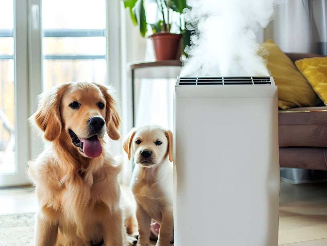 Two golden retrievers are sitting on the floor next to a humidifier, reinforcing the idea to Use an Air Purifier for Dog