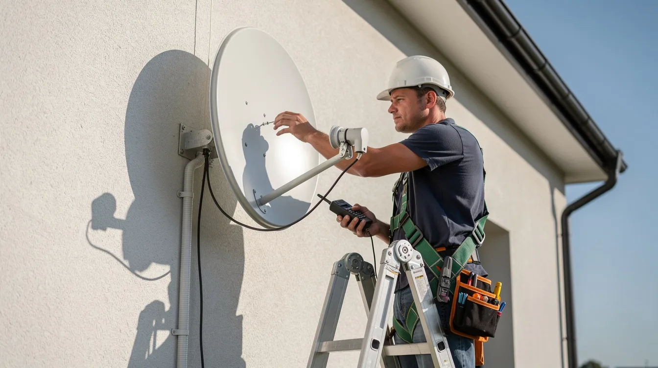 A professional DSTV installer is seen adjusting the LNB on a satellite dish mounted on the exterior wall of a house, ensuring proper alignment for optimal signal reception. This image illustrates the meticulous work involved in DSTV installation services, highlighting the expertise of accredited installers in South Africa.