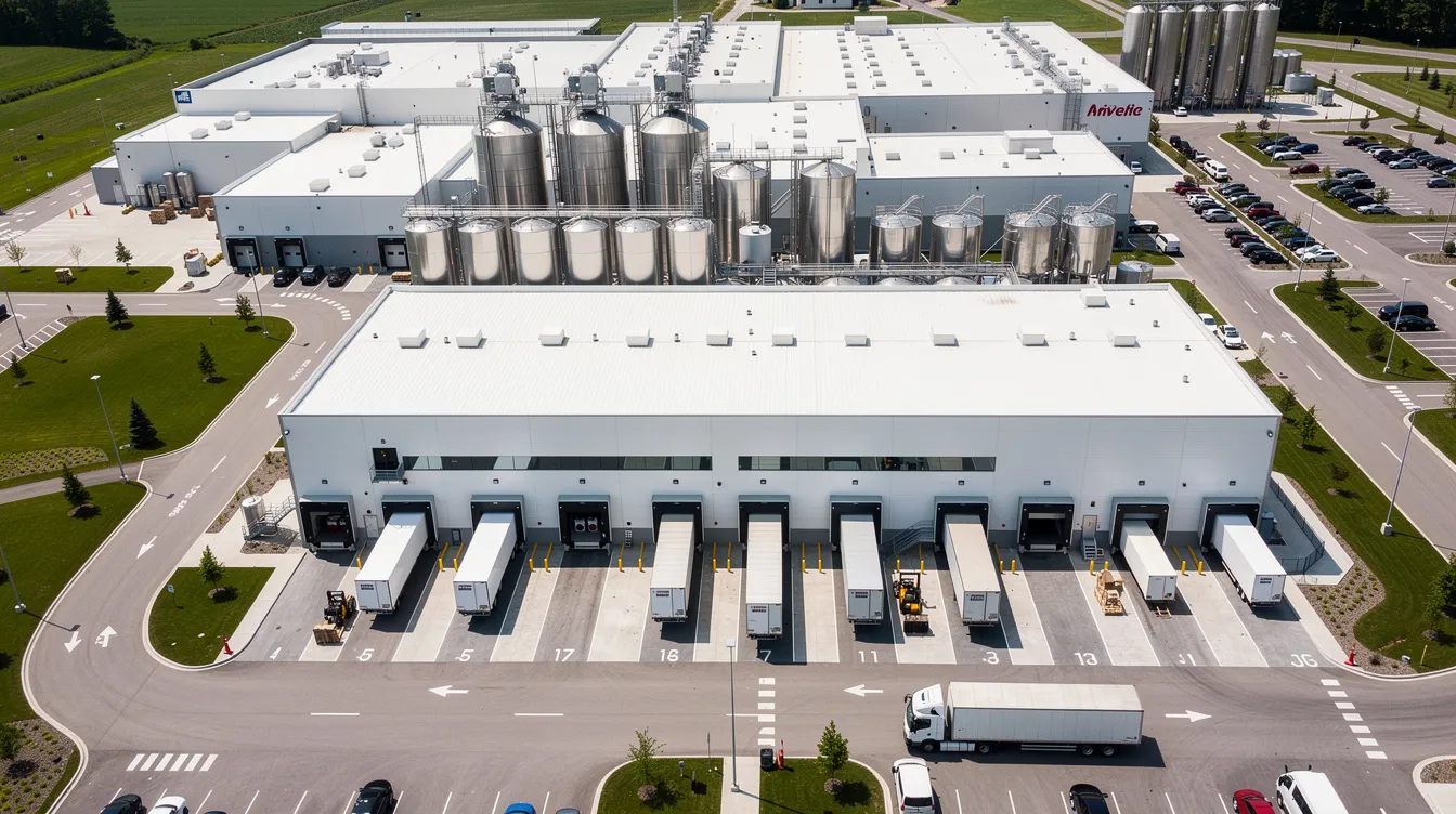 679f9031 6c85 44b4 b054 a310b6d98c37 An aerial view of a modern ice cream manufacturing facility showcases its large-scale industrial production capabilities, featuring multiple loading docks for efficient distribution. The facility is designed with a strategic plant layout to optimize production capacity while adhering to food safety standards.