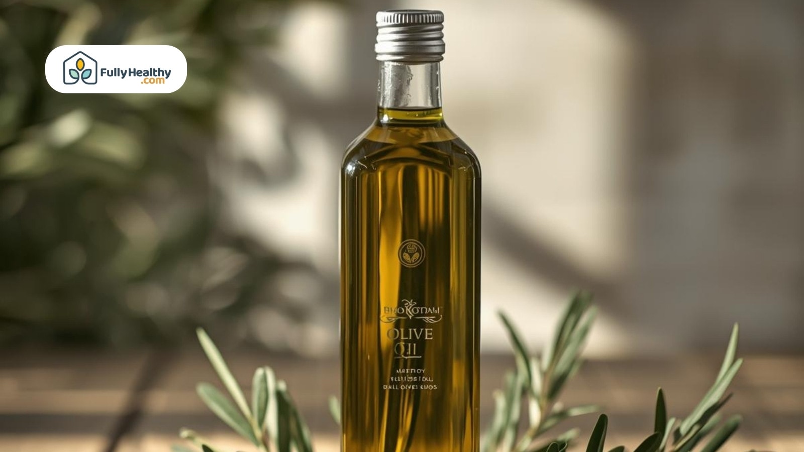 Glass bottle of olive oil with leaves and soft natural lighting