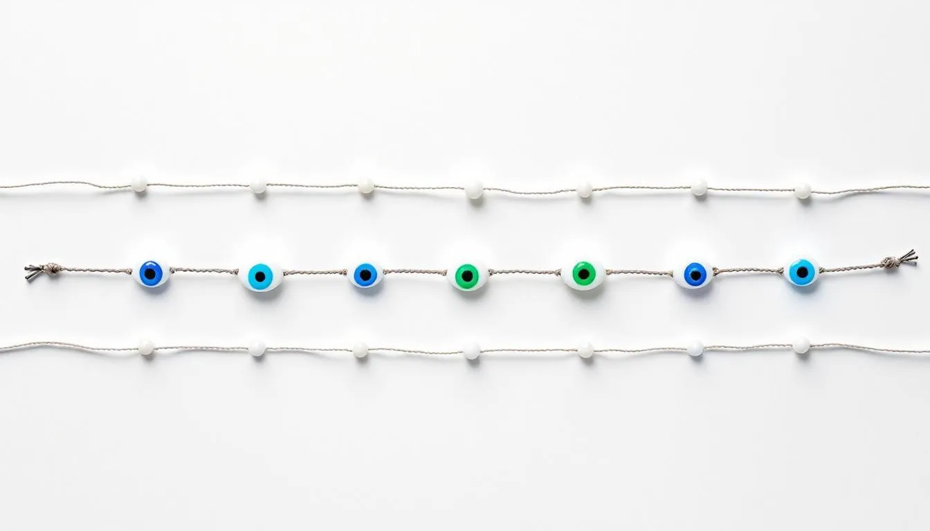 This image features a collection of frequently asked questions about tiny evil eye bracelets, highlighting their significance in warding off negative energy and bringing good fortune. The design includes various styles of the evil eye bracelet, often adorned with turquoise, and provides information on prices, ordering, and sharing options available on platforms like Etsy.