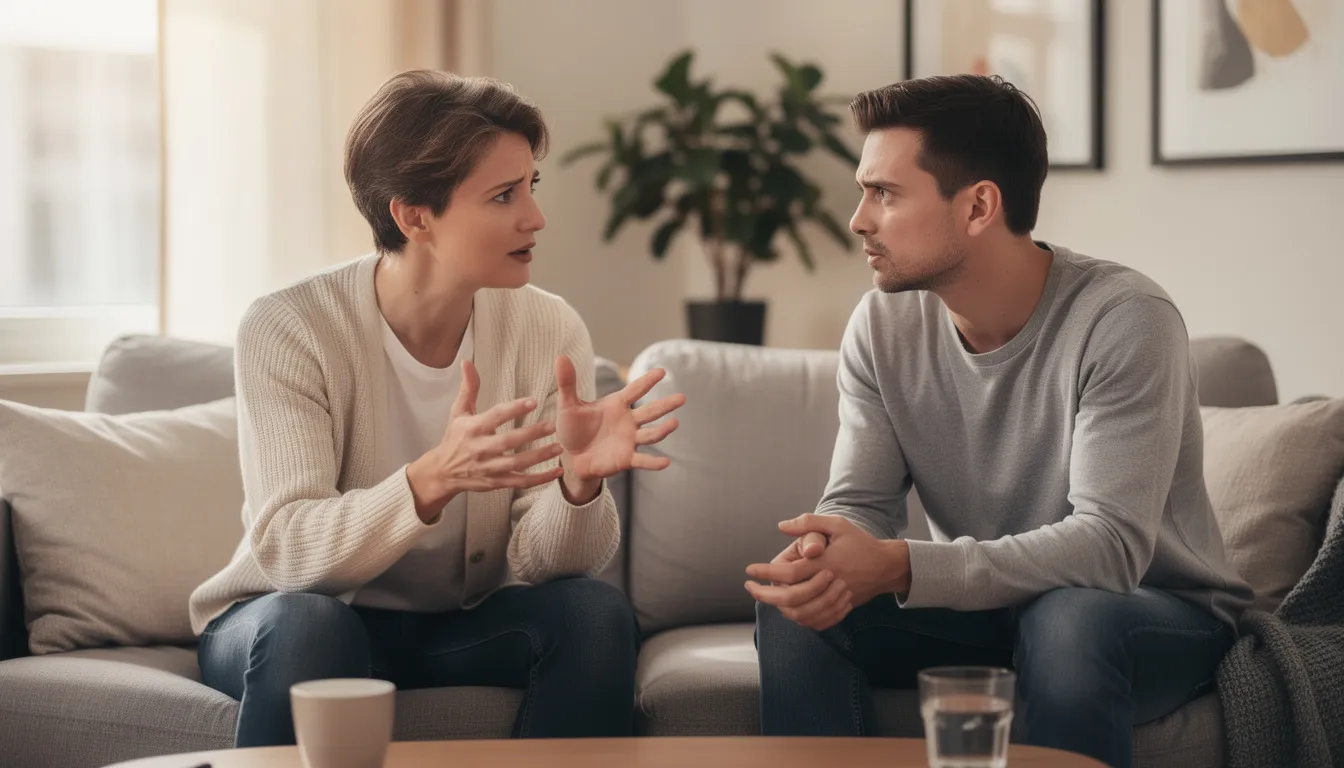The image shows two individuals engaged in a serious conversation while seated on a cozy couch, reflecting mutual respect and emotional maturity. This intimate setting suggests a moment of personal growth and connection, reminiscent of a love compatibility test where shared values and personality traits are explored.