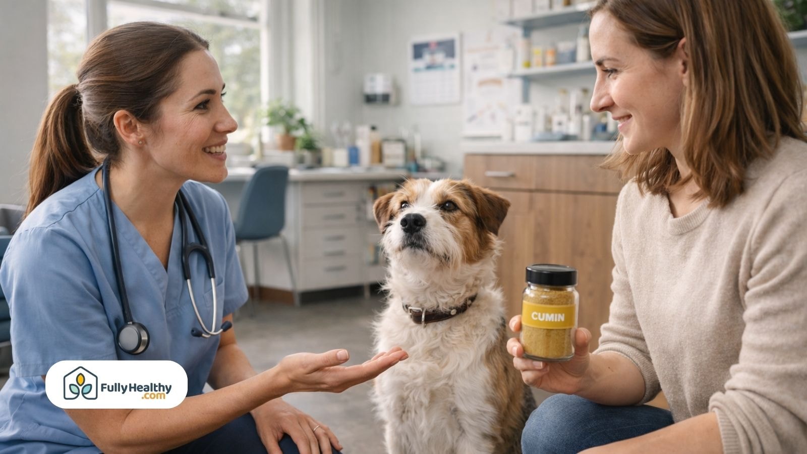 Veterinarian talks with pet owner holding cumin jar beside small dog