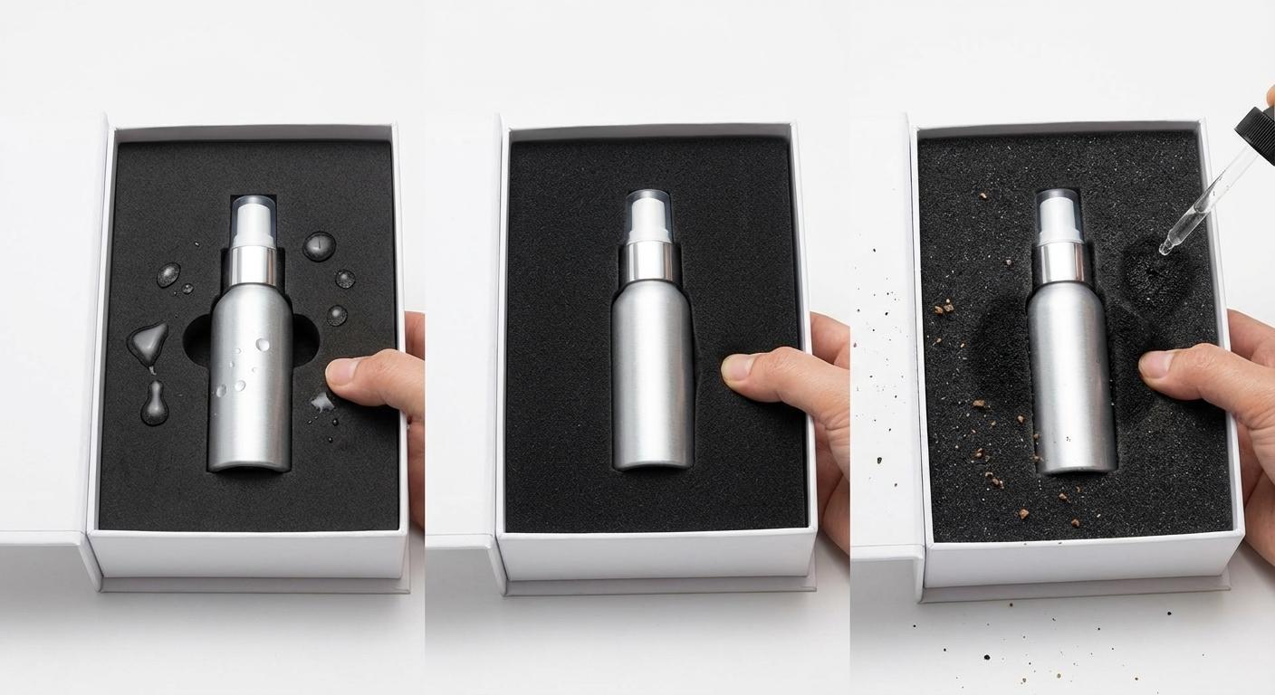 Three-panel comparison showing differences between EVA, foam, and sponge inserts for gift box packaging, demonstrating water resistance, clean finish, and absorbency properties.