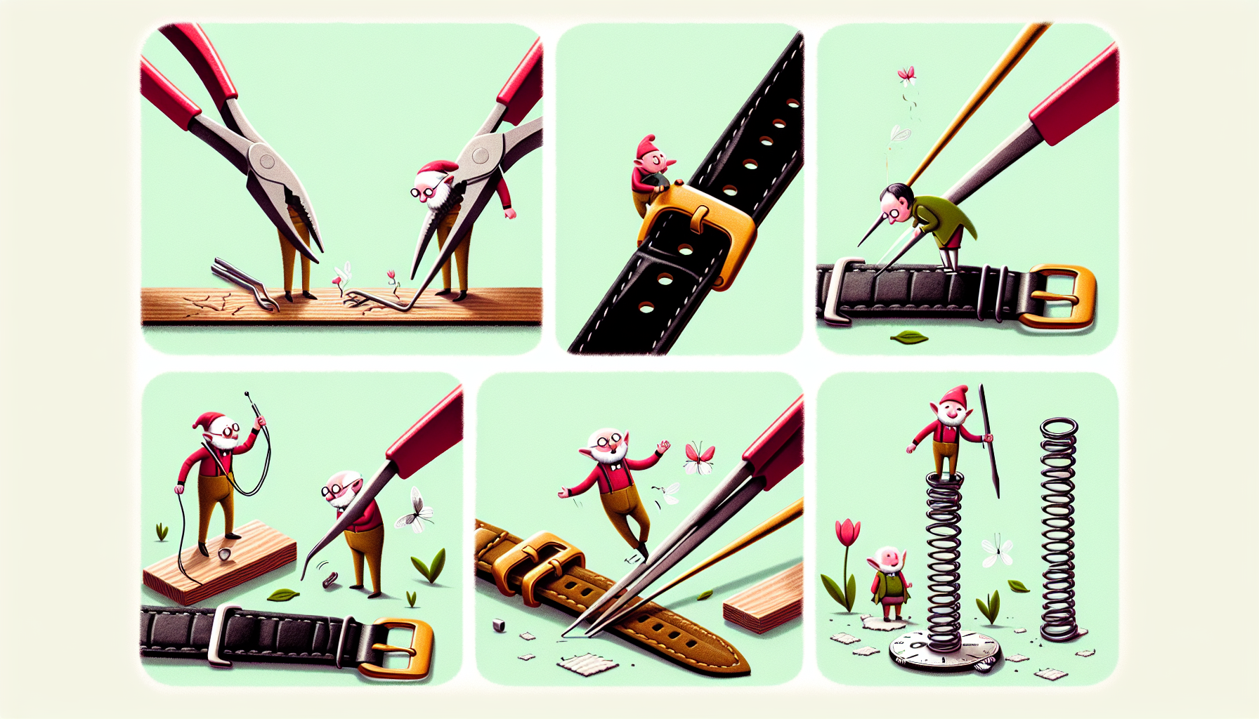 Whimsical illustration of replacing watch straps with spring bars