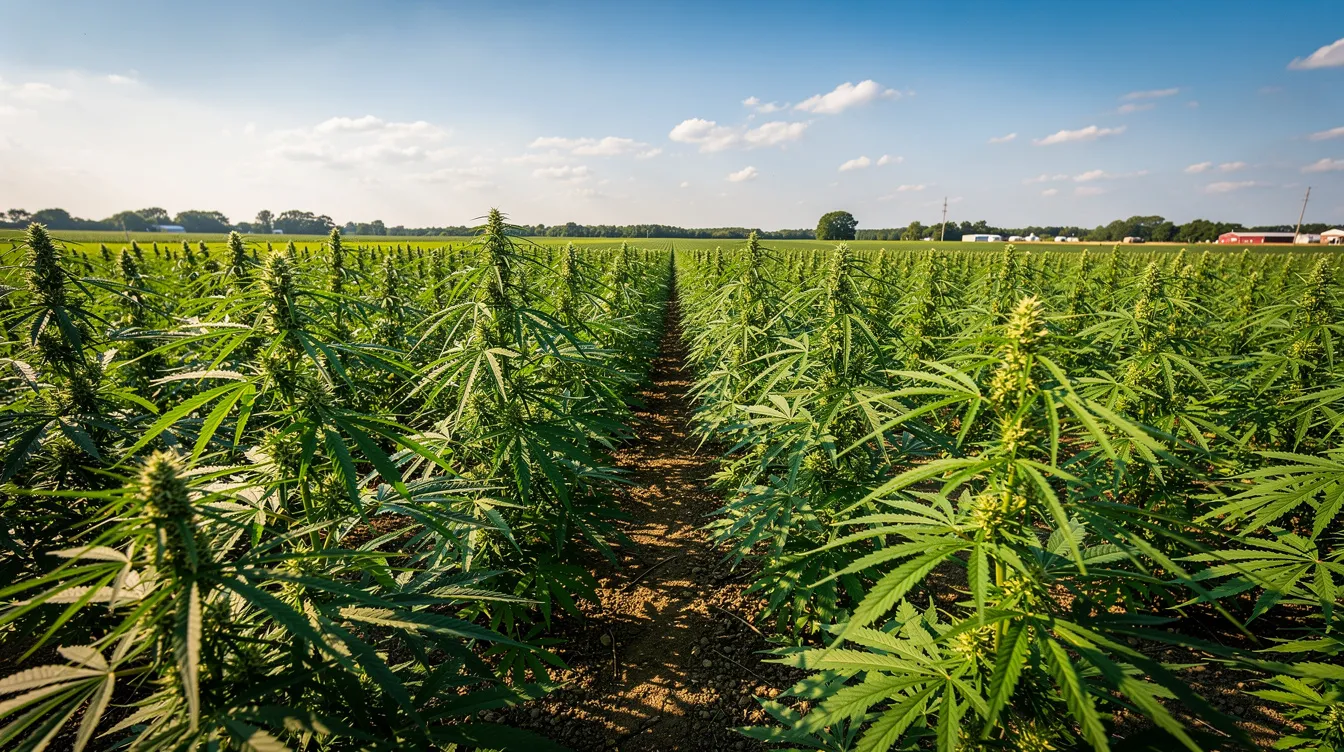 A wide view of lush green hemp plants growing in an expansive Indiana farm field, set against a clear blue sky. These industrial hemp plants thrive under Indiana law, which allows for the cultivation of hemp-derived products, unlike federal law that regulates controlled substances.