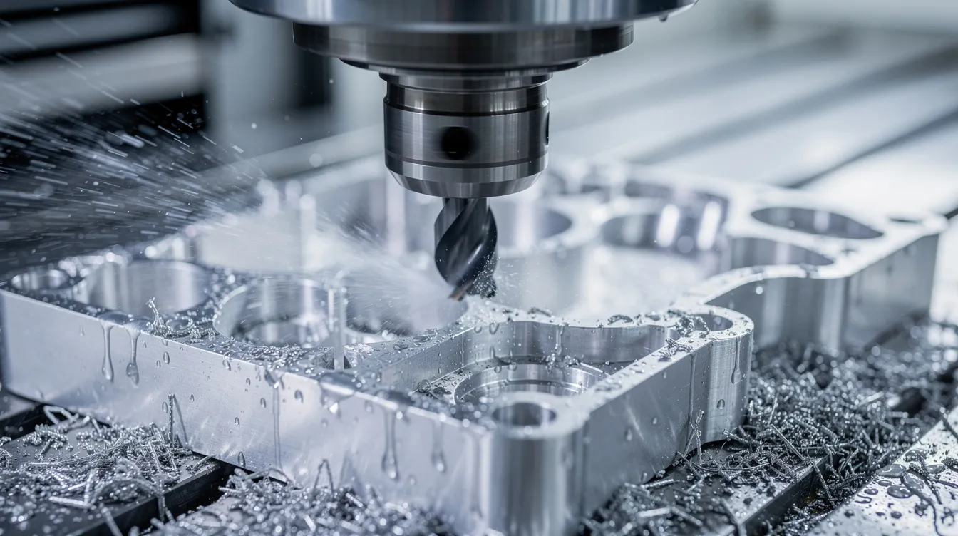 The image shows a close-up view of a 5-axis CNC milling machine actively cutting a complex aluminum part, with a visible spray of coolant, highlighting the precision of the CNC machining process. This setup illustrates the capability of CNC equipment to create intricate shapes and high precision parts, essential for producing complex metal components.