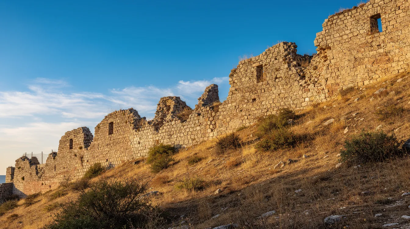 The image showcases the ancient stone fortification walls of the archaeological site of Troy, perched on a hillside with dry grass surrounding them, set against a vibrant blue sky. This historical site, located in northwest Turkey, is a testament to the city's rich heritage and its significance during the Trojan War.