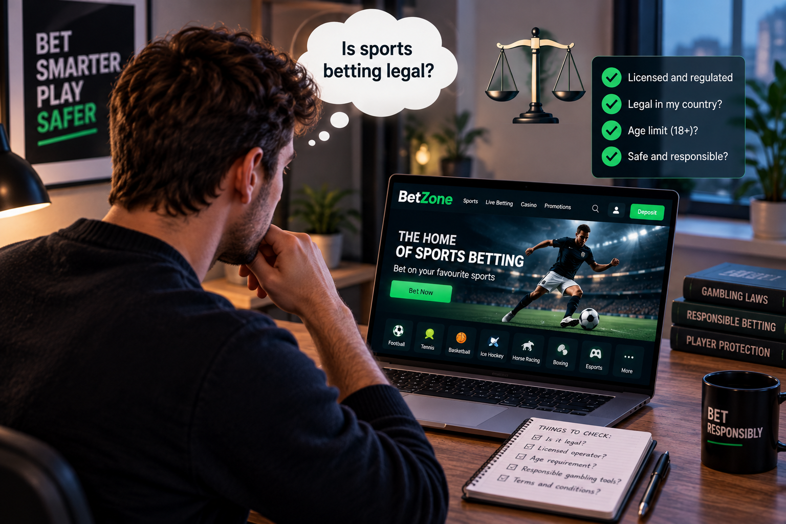 Person researching whether sports betting is legal, checking bookmaker licensing, gambling regulations and responsible betting requirements.