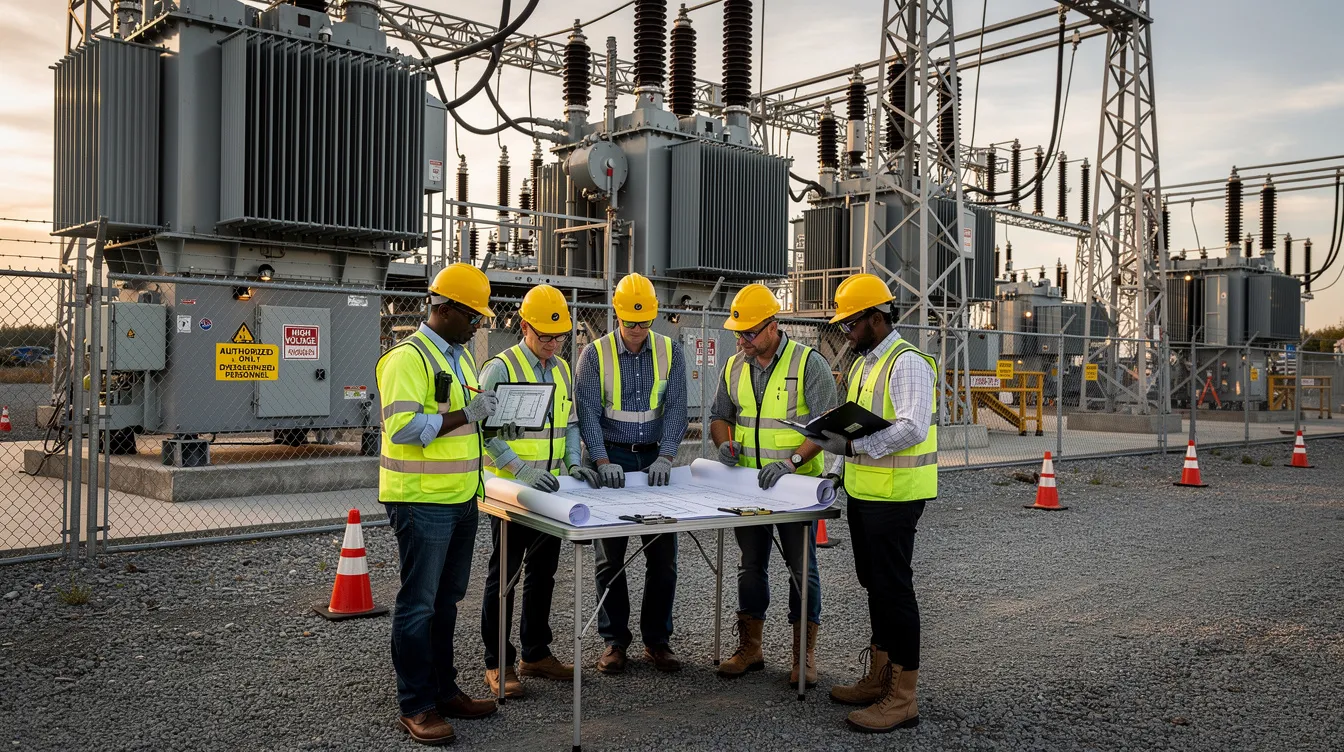 A group of construction workers in safety gear is gathered at a job site, reviewing plans next to large electrical infrastructure and transformer equipment. This scene highlights the critical role of construction leaders in managing projects that contribute to infrastructure development and economic growth.
