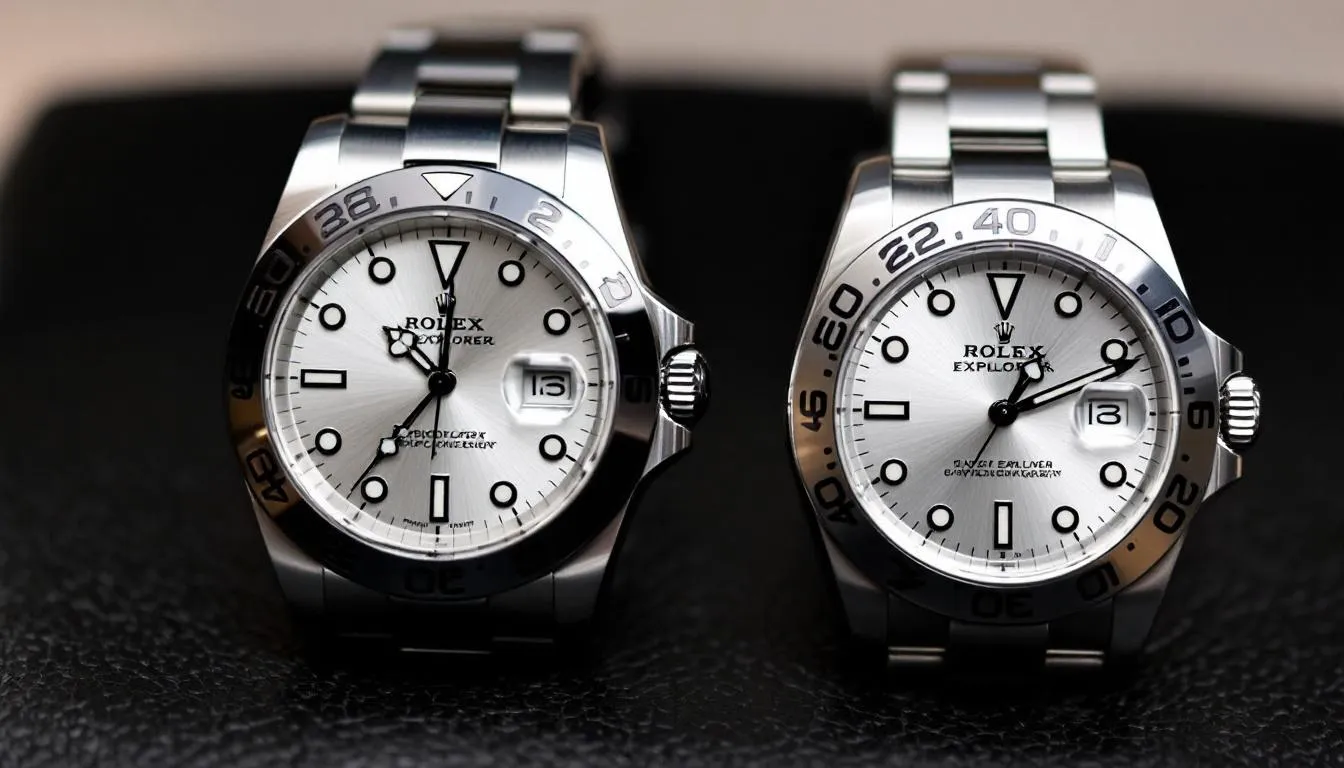 The image shows a side-by-side comparison of two Rolex Explorer models, one measuring 36mm and the other 40mm, highlighting their size differences. Both watches feature a classic black dial and are equipped with durable leather straps, showcasing the timeless appeal and versatility of the Rolex Explorer series.