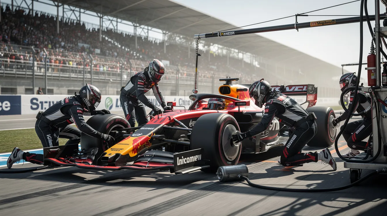A professional racing pit crew is seen working efficiently on a race car during a pit stop, showcasing their teamwork and precision under pressure. The scene captures the fast-paced environment typical of motorsport, similar to the quick adjustments made by a digital marketing agency to enhance search engine optimization and improve online visibility for their clients.