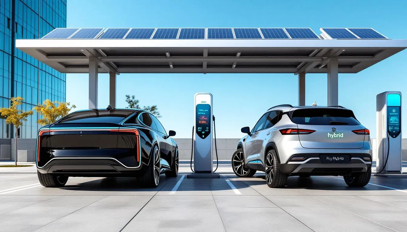 The image showcases a lineup of electric and hybrid vehicles at a dealership
