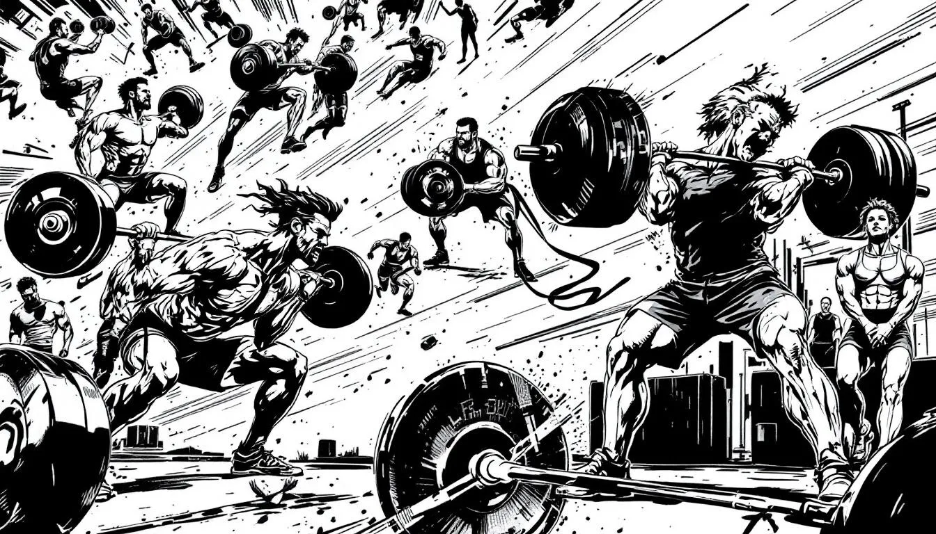 A collage of various compound exercises for strong legs, including squats and deadlifts.