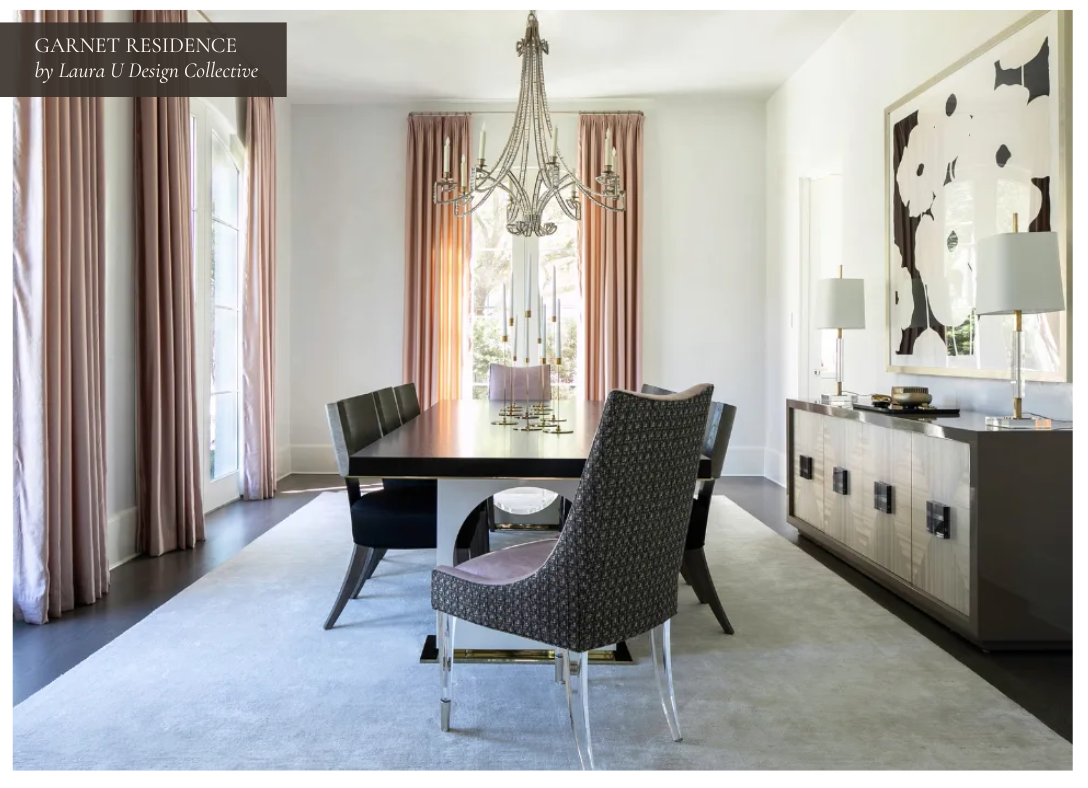 designed for real life yet still formal, the scale of this pink and purple dining room is the epitome of elegance