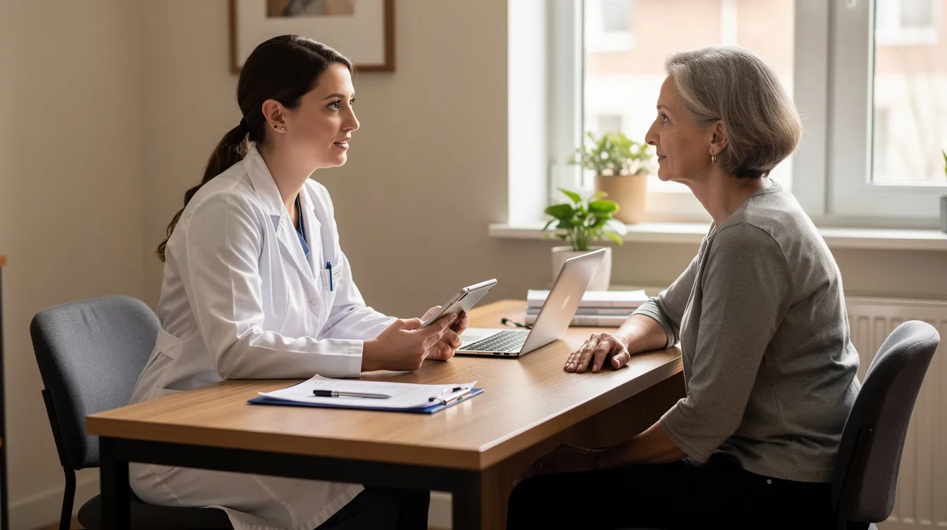 A healthcare provider in a white coat is consulting with a patient in a comfortable office setting, discussing a personalized treatment plan for medical weight loss. The provider emphasizes the importance of ongoing support and nutrition in the patient's journey to achieve their health goals.
