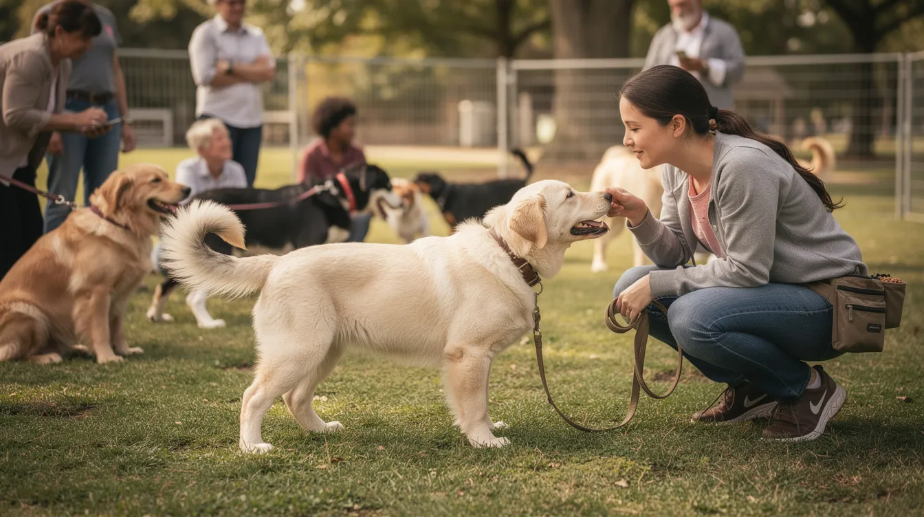 The image depicts a new puppy interacting with an adult dog in a calm environment, showcasing relaxed body language and positive associations during their socialization period. The scene emphasizes the importance of observing animal behavior and understanding stress signals while exposing the puppy to different experiences and sounds, such as children playing and other pets nearby.