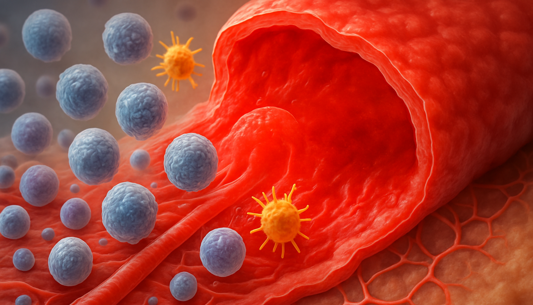 Illustrasjon av betennelse i kroppen med hovent vev, blodårer og immunceller i aksjon under immunforsvarets respons.