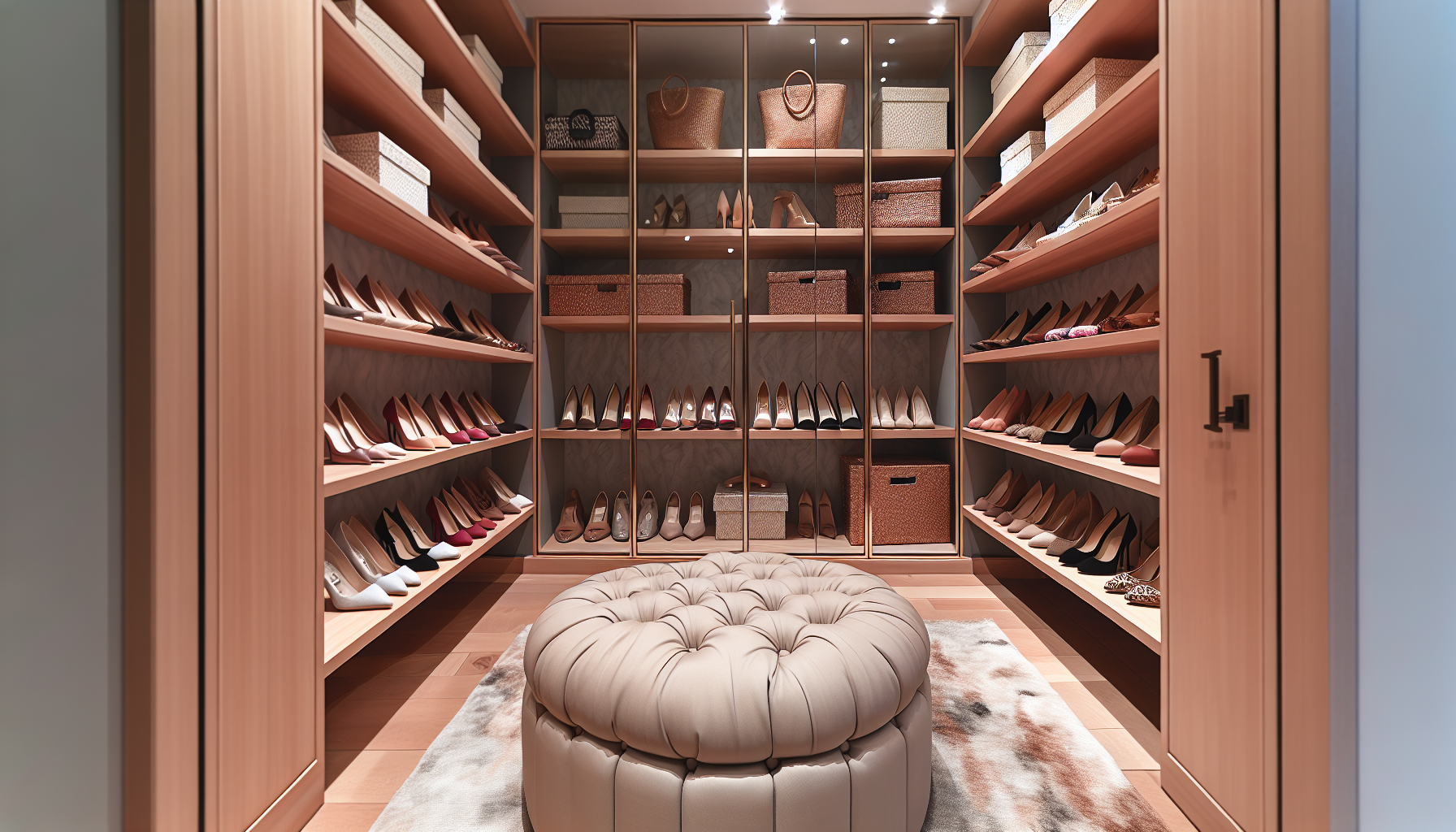 Stylish shoe storage display in a luxury walk in closet