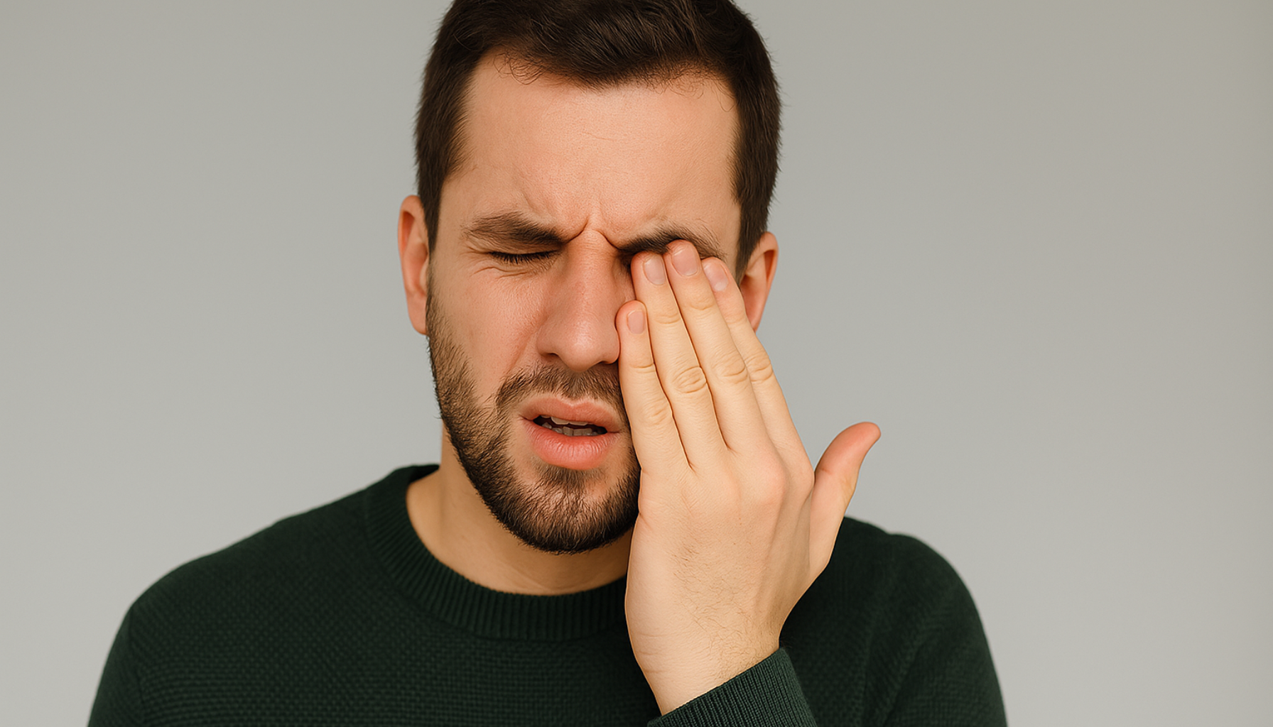 Mann med smerte i øyet holder hånden mot ansiktet, nøytral bakgrunn og rolig belysning.