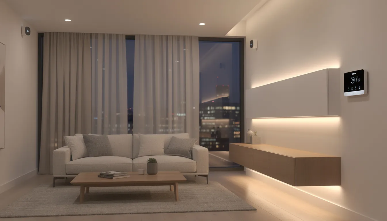 The image depicts a modern living room featuring subtle smart home devices, including sensors mounted on the walls and ceiling, ambient lighting, and a smart thermostat display. This space exemplifies ambient intelligence and seamless integration of technology, enhancing daily routines through automation and intelligent systems.