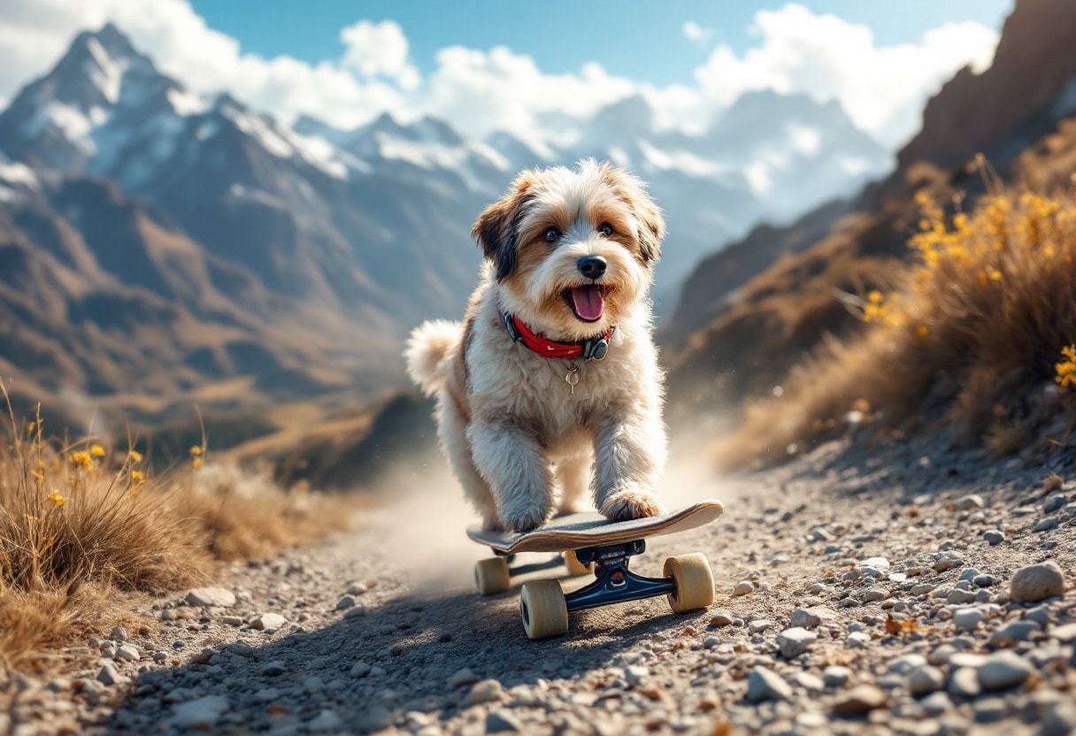 A dog riding a skateboard down a mountain.