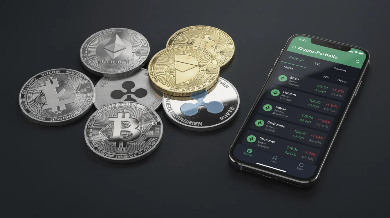 Auf dem dunklen Hintergrund sind verschiedene Kryptowährungs-Münzen zu sehen, die neben einem Smartphone liegen. Diese Darstellung könnte für Nutzer von Online-Wettanbietern von Interesse sein, die sich für die Integration von Kryptowährungen in ihre Wettangebote interessieren.