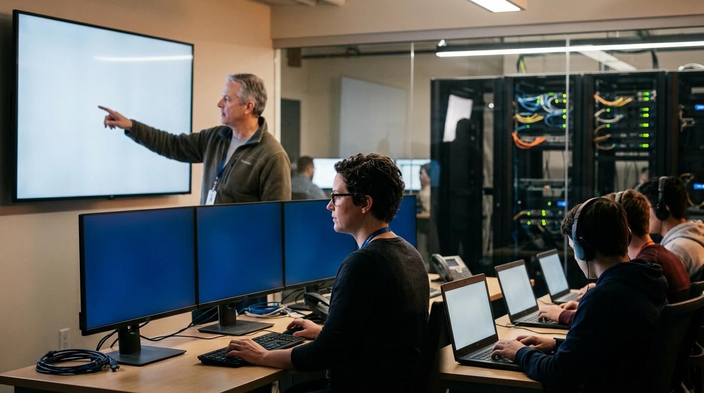 University IT administrator managing secure online exams through cloud infrastructure while instructors monitor assessment progress and students access browser-based virtual desktops.