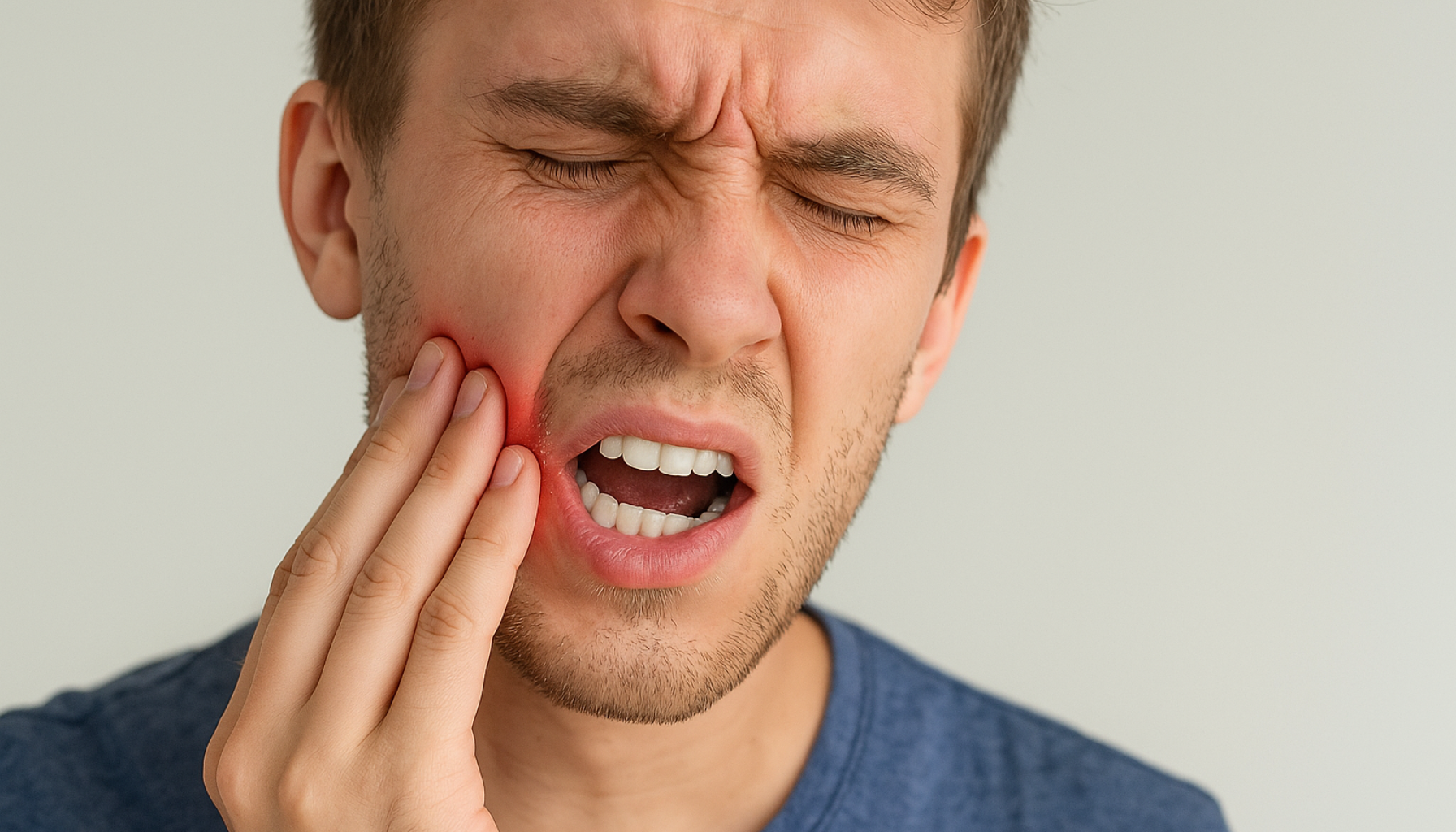 Perikoronitt: Når visdomstannen skaper betennelse 15 Ung mann med smerter holder kinnet, tydelig betennelse rundt visdomstann som gir ubehag og hevelse i munnen.