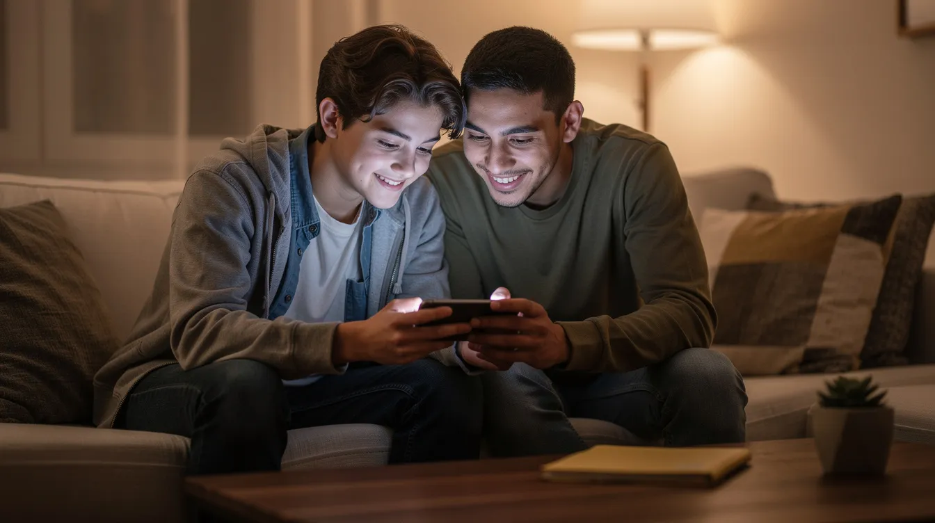 A parent and teenager sit closely together on a couch, intently looking at a smartphone screen as they discuss back to school shopping strategies to save money on school supplies. The warm atmosphere suggests a collaborative effort to prepare for the upcoming school year while staying within their budget.