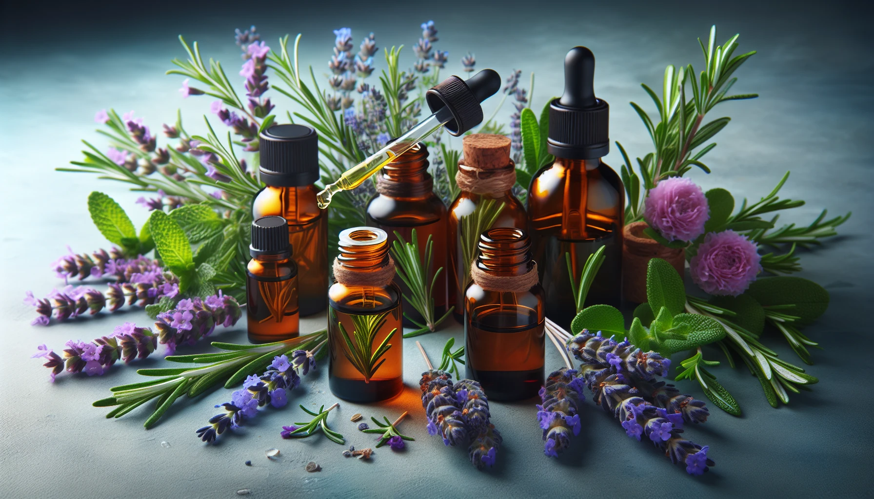Bottles of essential oils with herbs and flowers