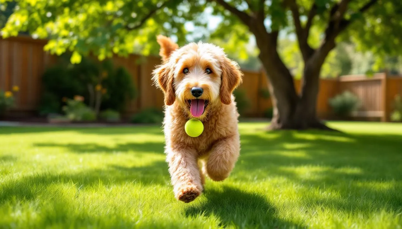 An adult multigeneration goldendoodle with a consistent wavy coat is joyfully playing in a grassy yard, showcasing its friendly nature and non-shedding qualities. This hybrid breed, a mix of golden retriever and poodle genes, is known for its unique coat texture and hypoallergenic characteristics.
