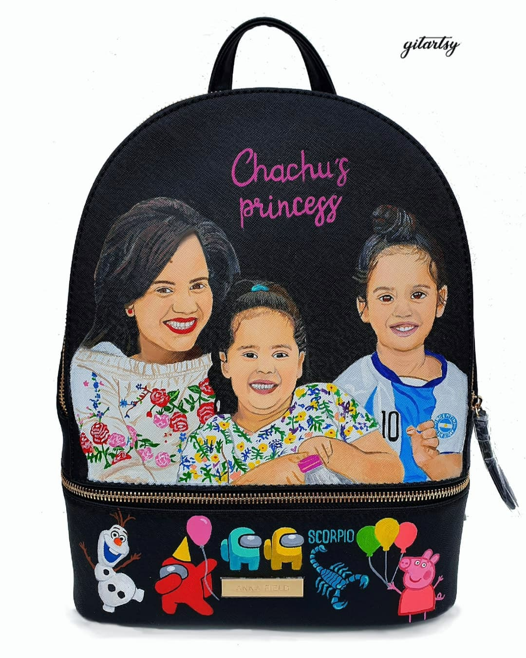 Hand painted backpack with family portraits - mum and children 