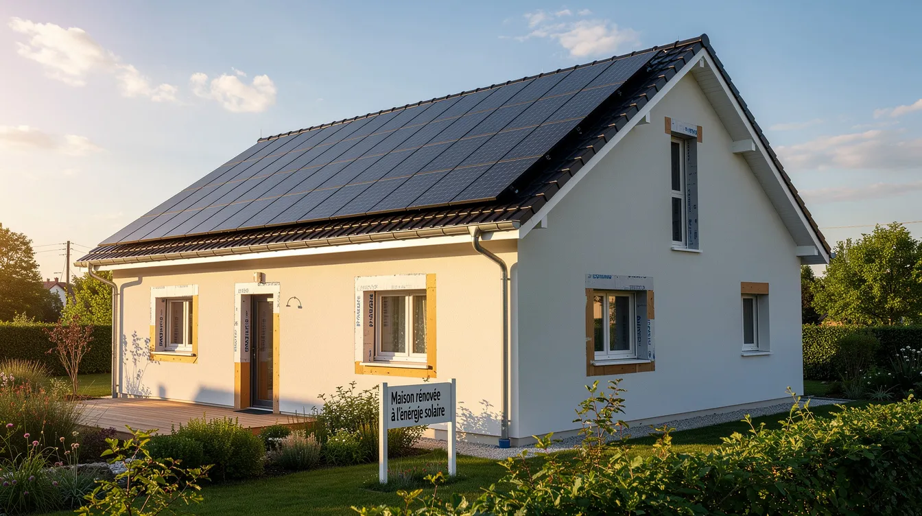 L'image montre des panneaux solaires installés sur le toit d'une maison récemment rénovée, située dans la région de Bruxelles-Capitale. Cette installation fait partie des efforts pour améliorer la performance énergétique des bâtiments et réduire la consommation d'énergie grâce aux énergies renouvelables.