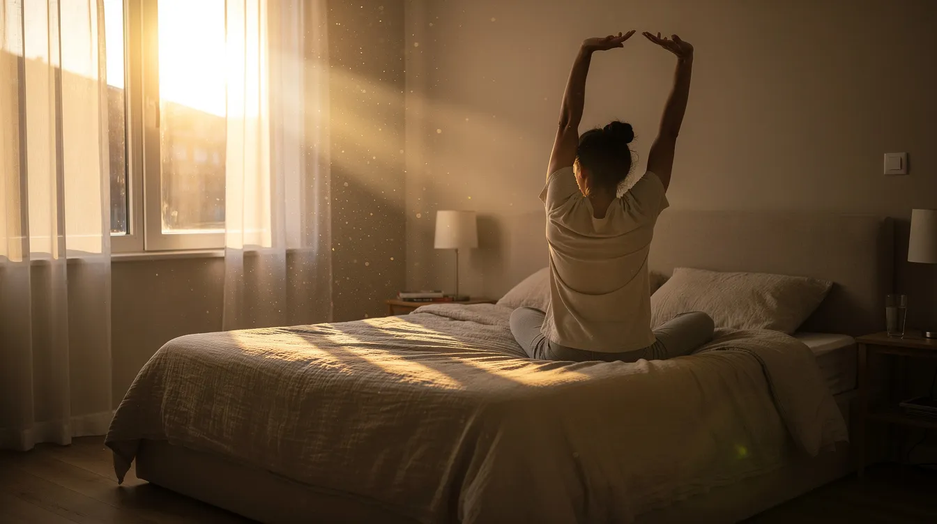 The image depicts a person stretching in bed as morning sunlight streams through the window, symbolizing a refreshing start to the day and the importance of healthy sleep habits for mental health. This moment captures the essence of waking up feeling rested, which can significantly improve sleep patterns and overall well-being.
