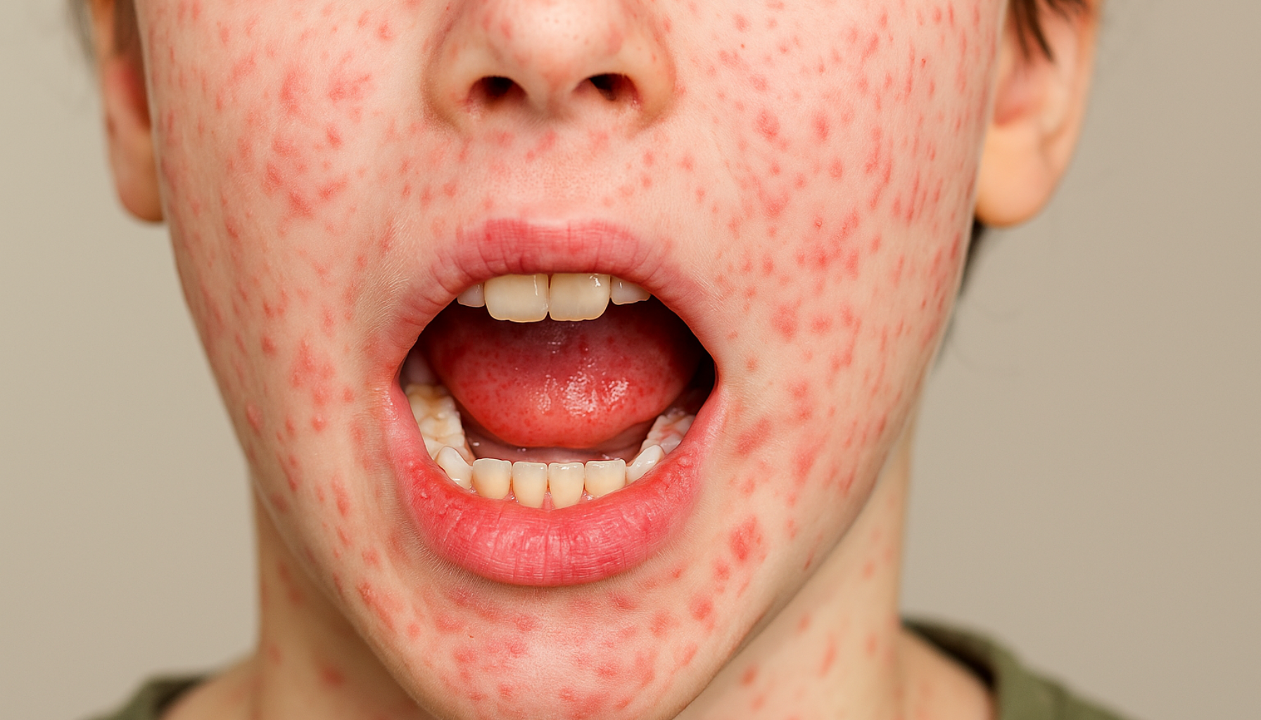 Ansikt med meslinger, tydelig utslett og røde flekker i og rundt munnen. meslinger mmr vaksine vaksine mot meslinger sjelden men alvorlig komplikasjon måneders alder mmr vaksinen tilfeller av meslinger subakutt skleroserende panencefalitt hatt meslinger to doser spedbarn tenåringer og voksne alvorlig komplikasjon som oftest komplikasjon som oftest opptrer vaksinert mot meslinger 15 måneders alder én dose 2 uker etter utslettet røde hunder smittsomme sykdommer mest smittsomme først og fremst smittet i utlandet bak ørene hjernebetennelse encefalitt oftest opptrer 1 2 voksne enn for barn encefalitt er en sjelden opptrer 1 2 uker 4 dager 9 måneders alder hos uvaksinerte anbefales mmr vaksine års alder utbrudd av meslinger mindre utbrudd sykdommen gir første symptomene koplikske flekker 1 2 uker 72 timer varig hjerneskade uvaksinerte barn rennende nese varer vanligvis barn 5 dager 15 måneders høy feber 14 dager sporadiske tilfeller særlig utsatt europeiske land 6 dager dager 11 12 år sykdommen norge hos første vaksinen utslett personer tilfeller utslettet bør vaksinasjon utbrudd vaksinert land dersom andre dose uvaksinerte feber barnevaksinasjonsprogrammet sykdom flere sjelden symptomer komplikasjoner folkehelseinstituttet