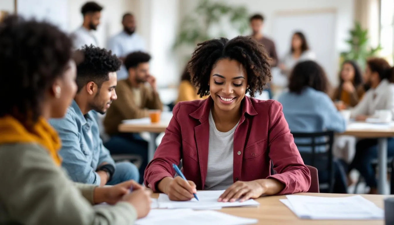 The image depicts a diverse group of individuals gathered in a community meeting, discussing strategies to address economic inequality through policies that promote economic growth and reduce income and wealth inequality. They emphasize the importance of expanding federal programs like paid family and medical leave to enhance financial security for both lower and higher income families.