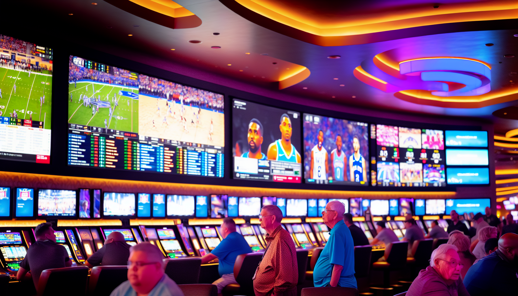 Photo of a sportsbook area with multiple screens displaying sports events and odds