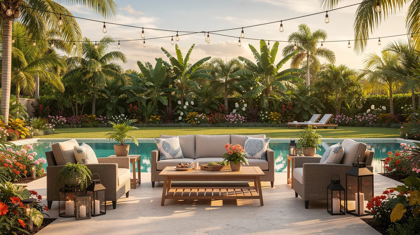 The image features a beautifully staged outdoor patio in Florida, adorned with tropical plants and comfortable seating, with a sparkling pool visible in the background, ideal for attracting potential buyers in the real estate market. This inviting space exemplifies effective real estate marketing strategies by showcasing the lifestyle that could be enjoyed in this property.