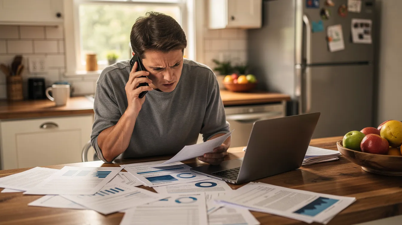 A person is engaged in a phone conversation while reviewing various documents spread across a kitchen table, possibly related to insurance claims or coverage disputes. The scene suggests a focus on navigating complex issues, such as bad faith insurance practices or personal injury claims, highlighting the challenges policyholders face when dealing with their insurance company.