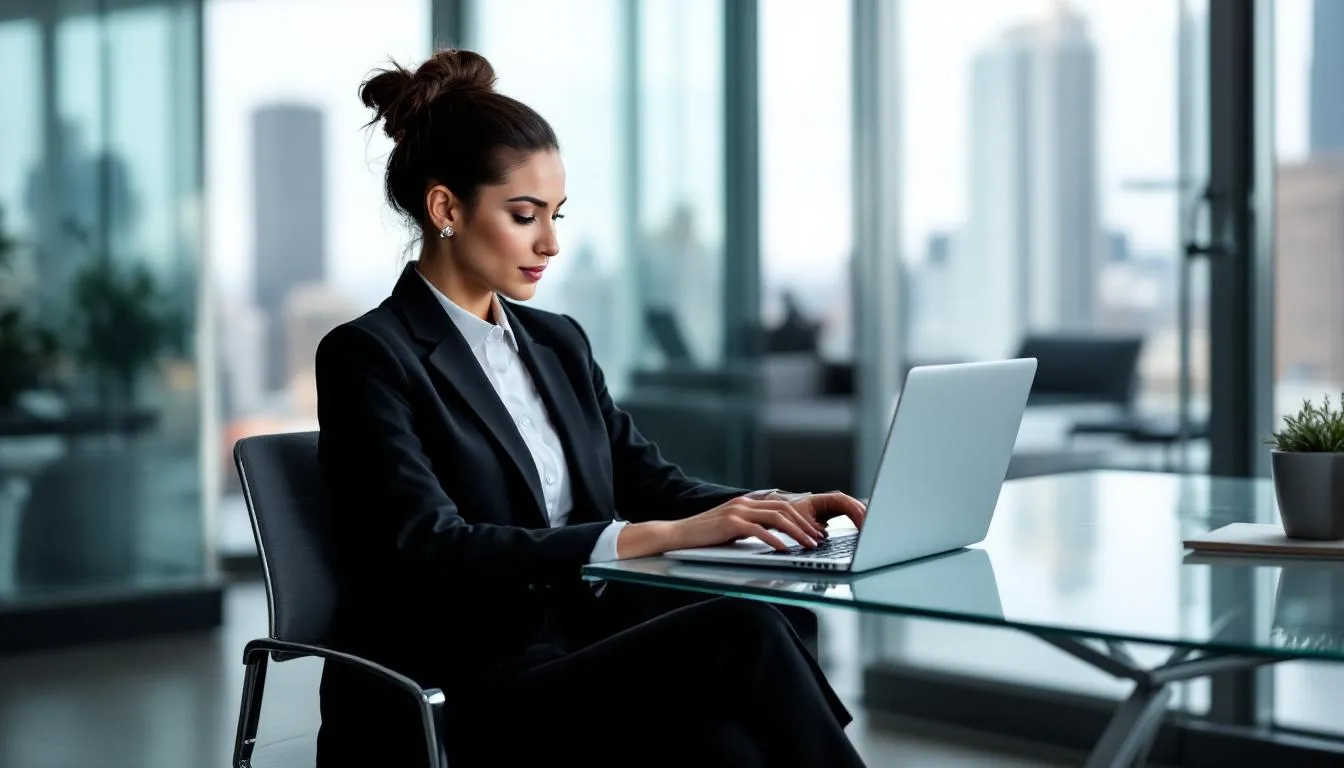 Na obrazku widzimy kobietę przedsiębiorcę, która pracuje przy laptopie w nowoczesnym biurze, rozwijając swój własny biznes. Kobieta skupia się na tworzeniu strategii marketingowej oraz budowaniu obecności w mediach społecznościowych, co jest kluczowe dla sukcesu jej działalności gospodarczej.