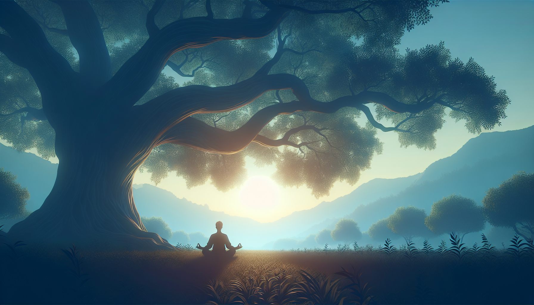 A serene landscape with a person meditating under a tree