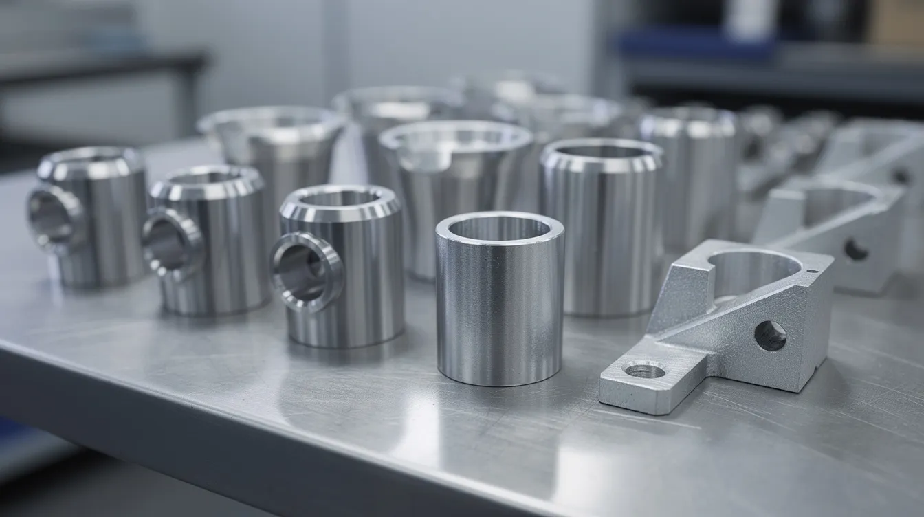 An array of finished precision machined metal parts, including shafts, housings, and brackets, is neatly arranged on a steel inspection table, showcasing the company's commitment to producing high-quality components with tight tolerances for various industry applications. This image reflects the expertise and reliability of a precision machining company dedicated to excellence in fabrication services.